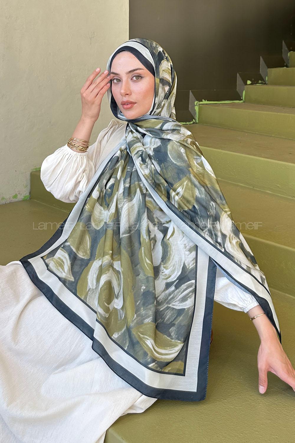 Lamelif Çiçek Desen Pamuk Şal Yağ Yeşili