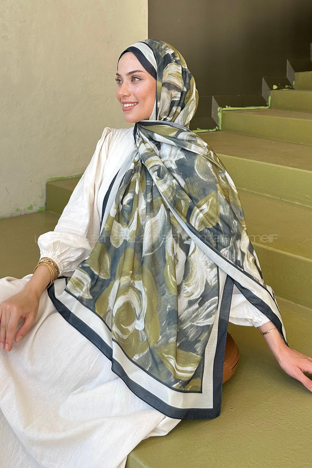 Lamelif Çiçek Desen Pamuk Şal Yağ Yeşili