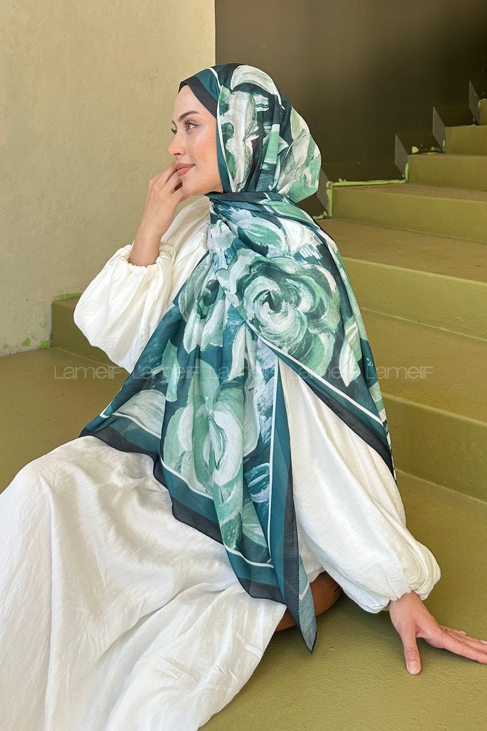 Lamelif Çiçek Desen Pamuk Şal Zümrüt Yeşili