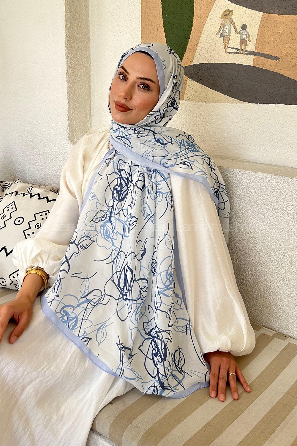 Baby Blue Cotton Striped Printed Shawl