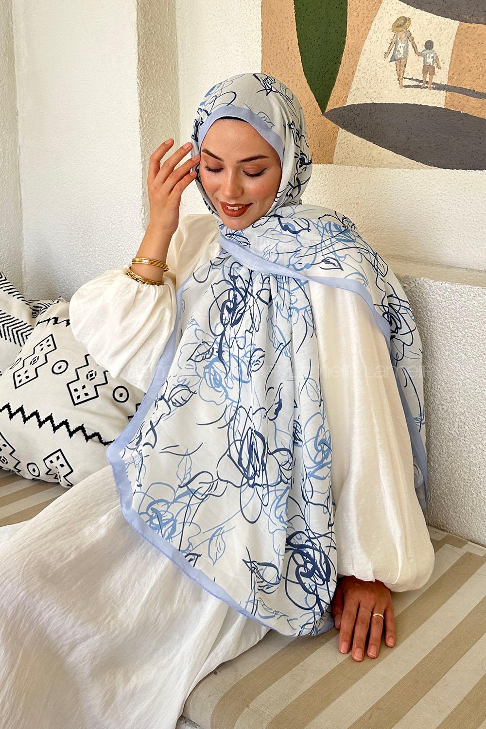 Baby Blue Cotton Striped Printed Shawl