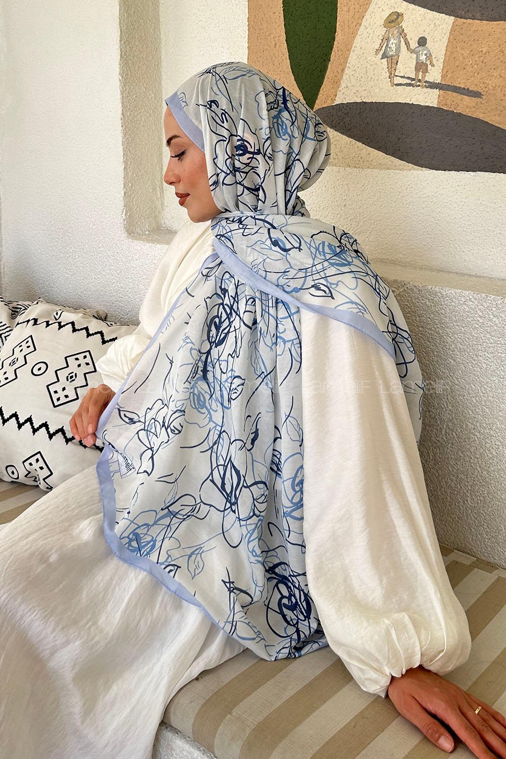 Baby Blue Cotton Striped Printed Shawl