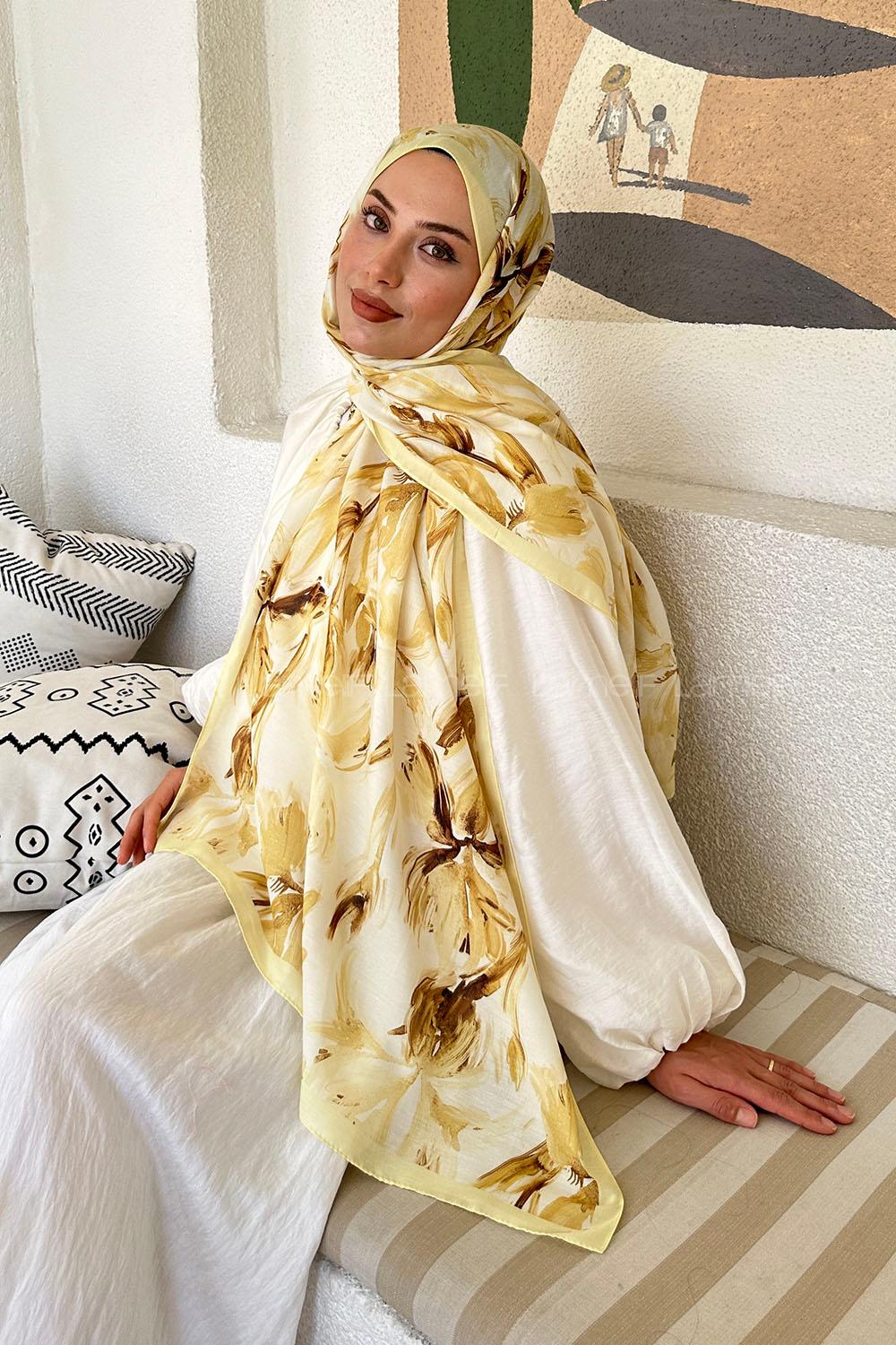 Lamelif Çicek Desen Soft Şal Sarı