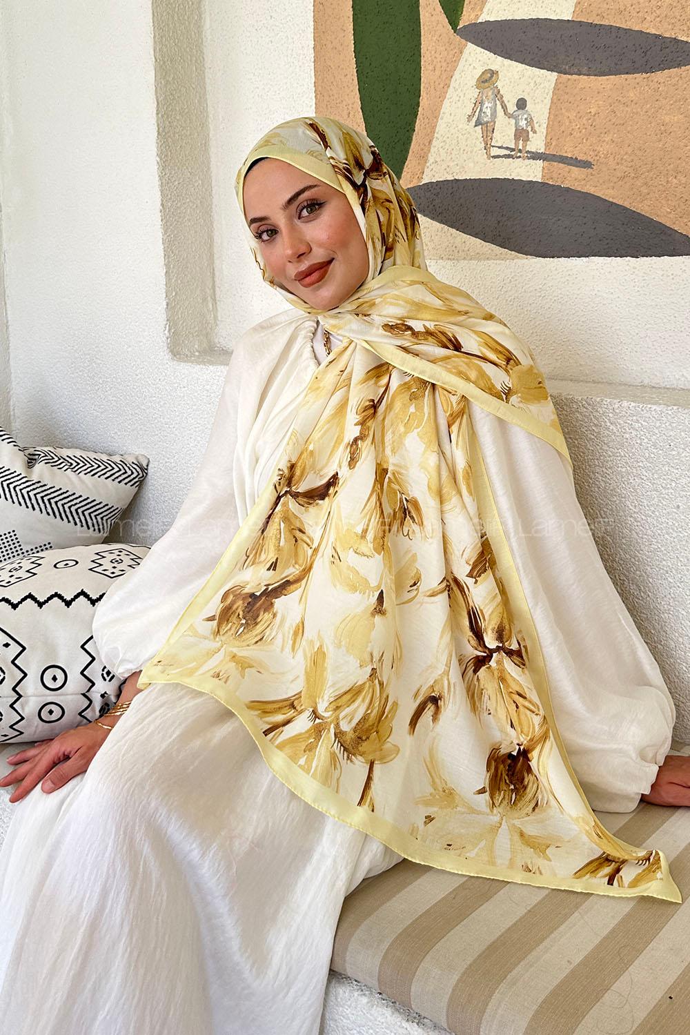 Lamelif Çicek Desen Soft Şal Sarı