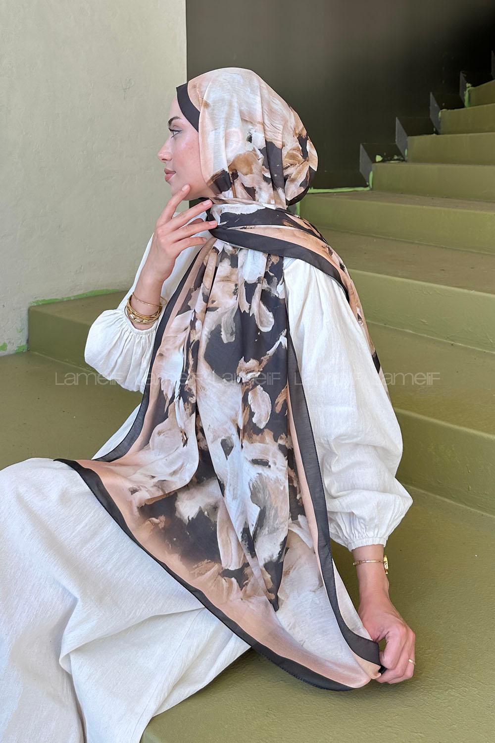 Lamelif Elegan Desen Soft Şal Siyah Gold