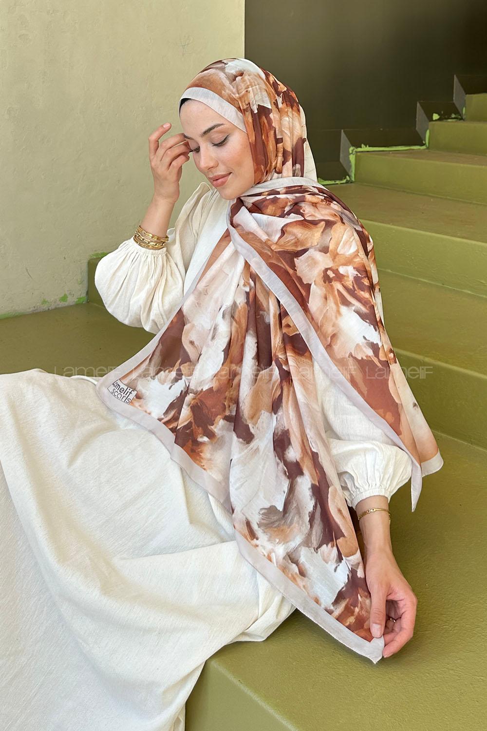 Lamelif Elegan Desen Soft Şal Sütlü Kahve Bej