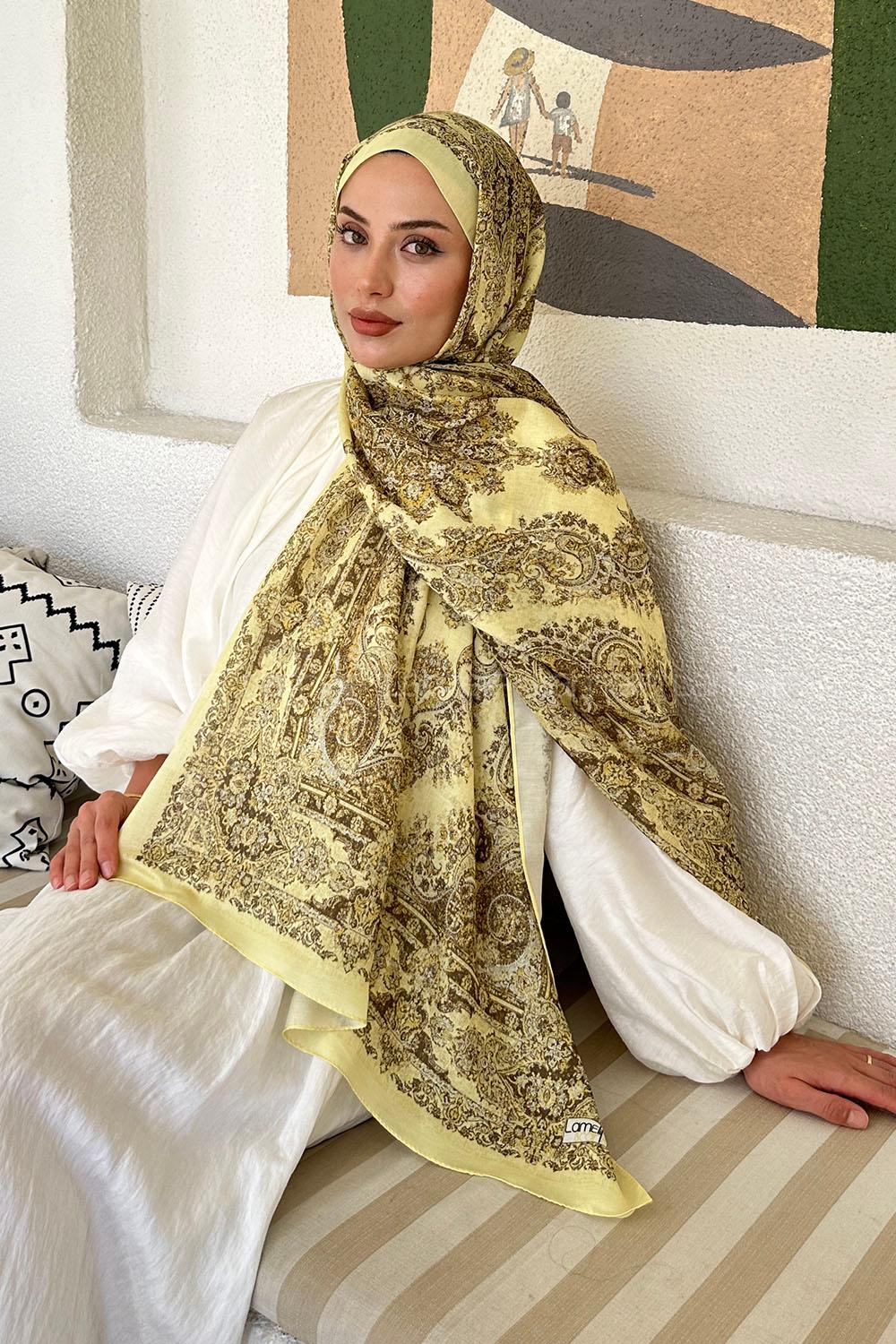 Lamelif Retro Desen Soft Şal Sarı