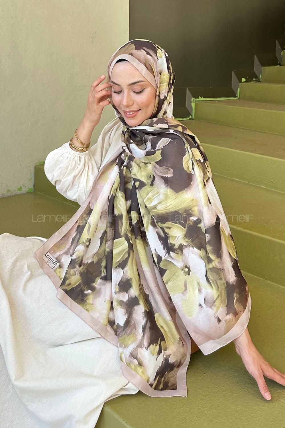 Lamelif Elegan Desen Soft Şal Yağ Yeşili Bej