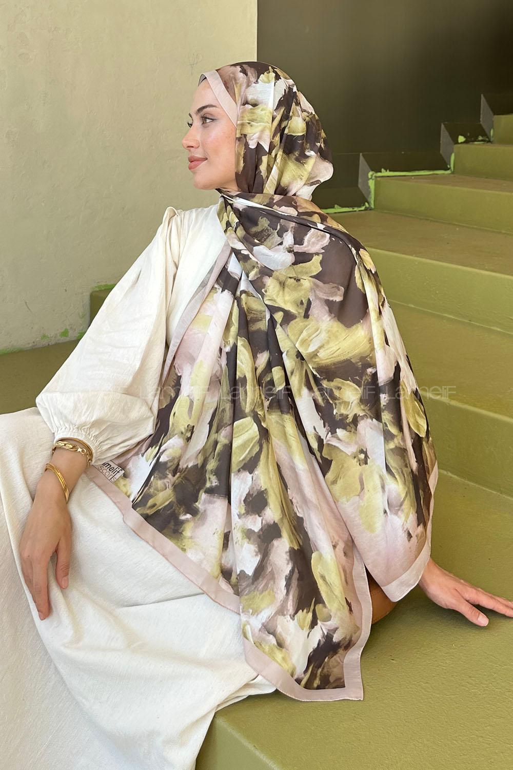 Lamelif Elegan Desen Soft Şal Yağ Yeşili Bej