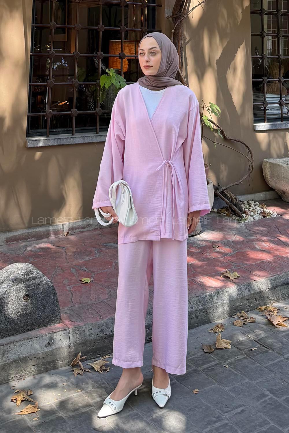 Lamelif Bağlama Detaylı Kimono Tesettür Takım Lila