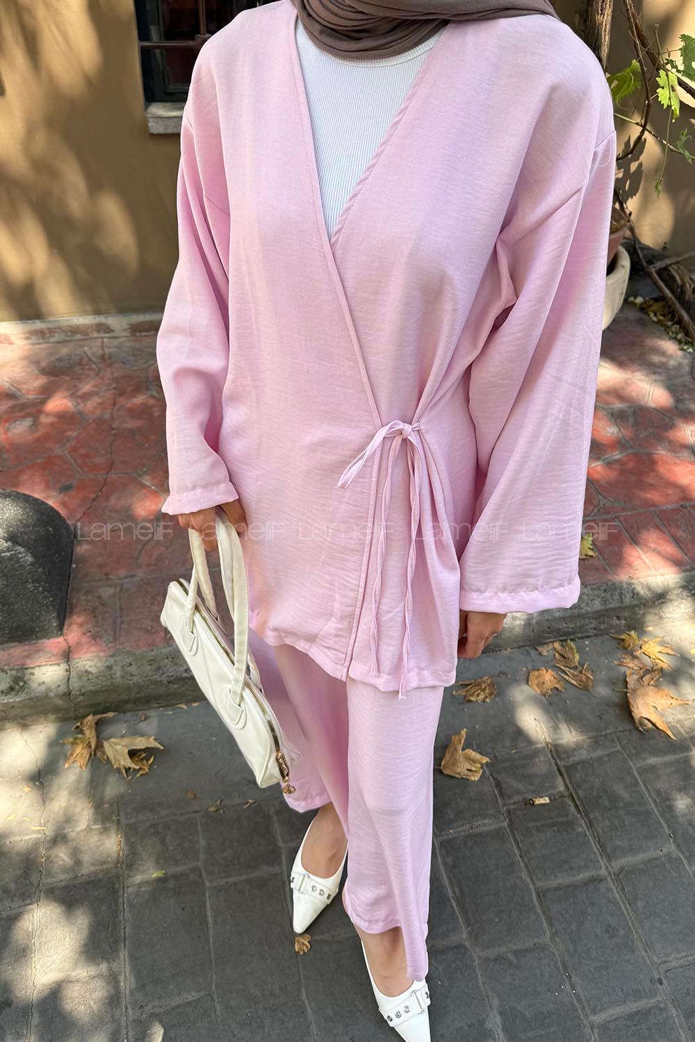 Lamelif Bağlama Detaylı Kimono Tesettür Takım Lila