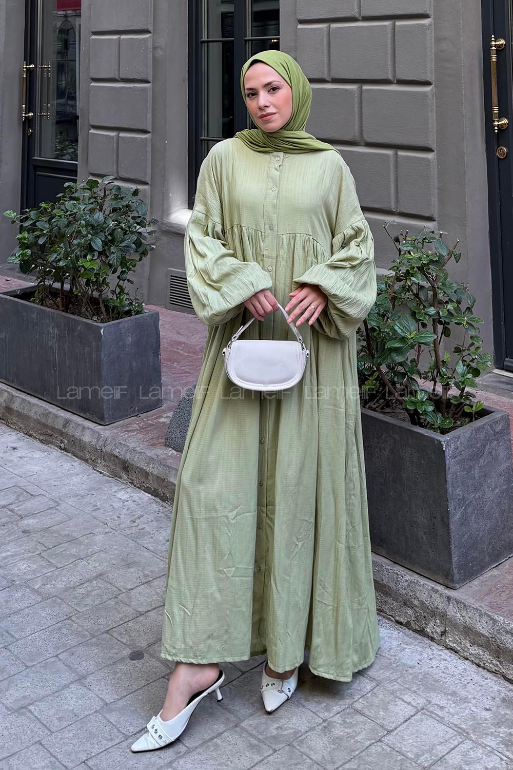 Lamelif Balon Kol Uzun Tesettür Elbise Mint Yeşili