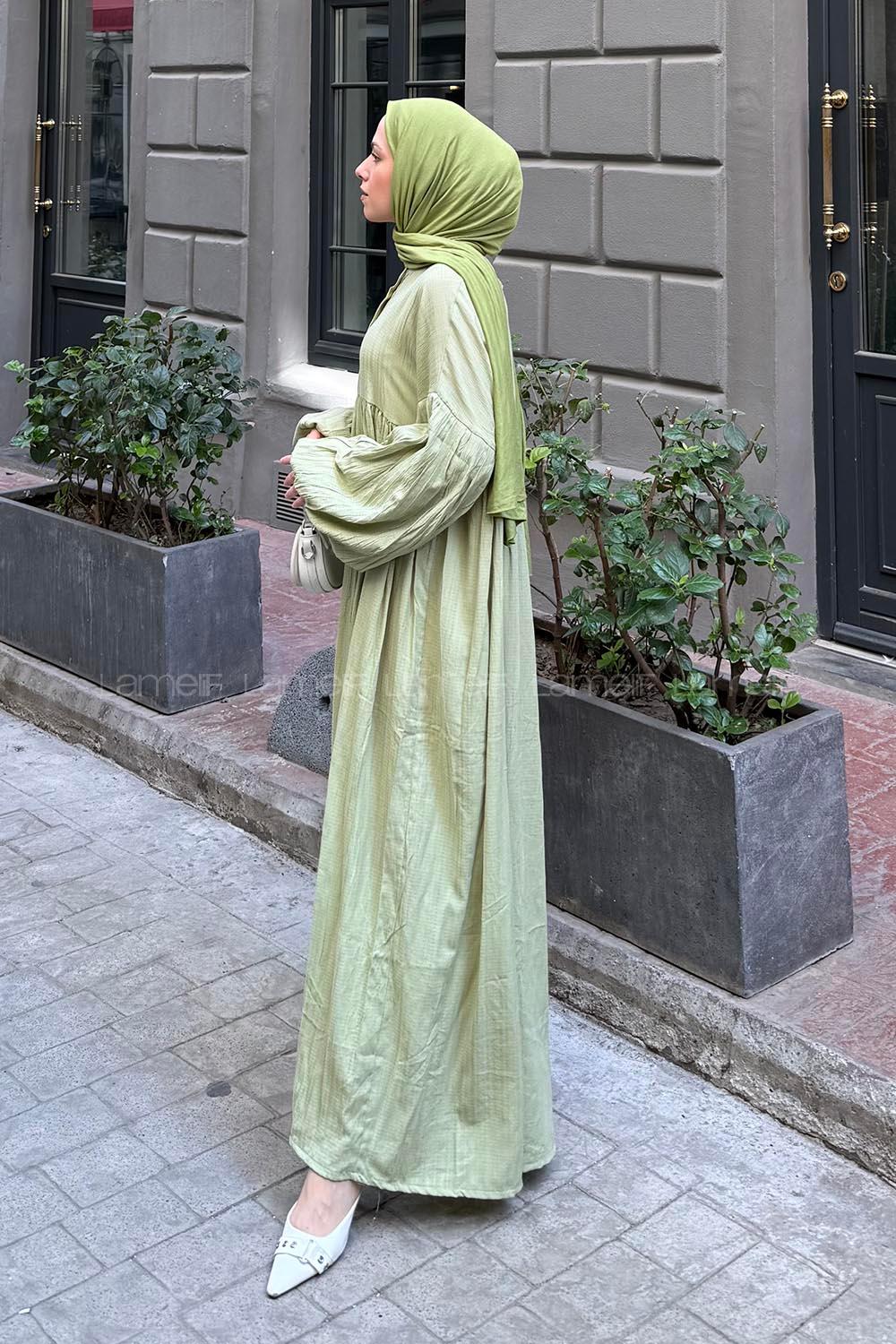 Lamelif Balon Kol Uzun Tesettür Elbise Mint Yeşili