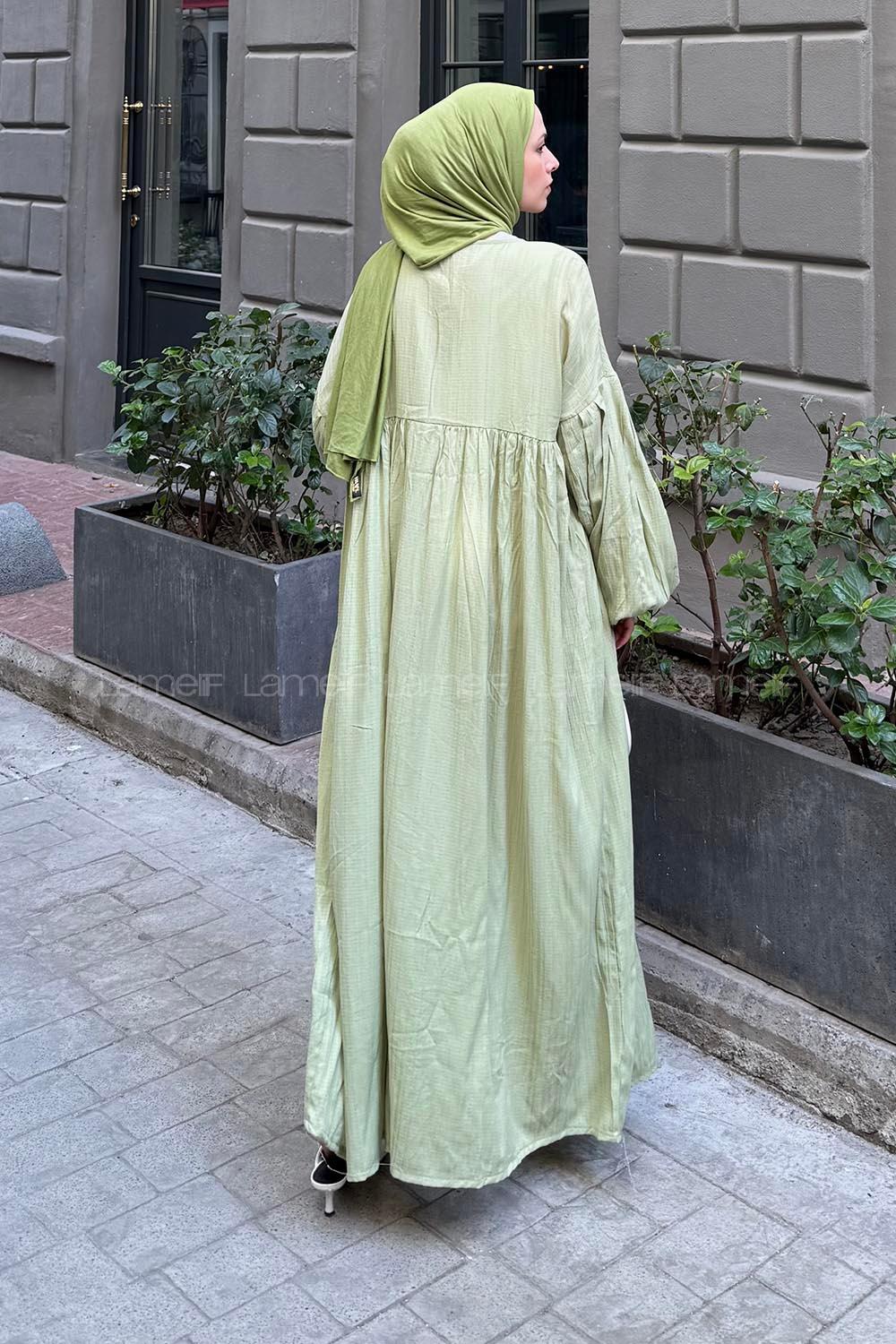 Lamelif Balon Kol Uzun Tesettür Elbise Mint Yeşili