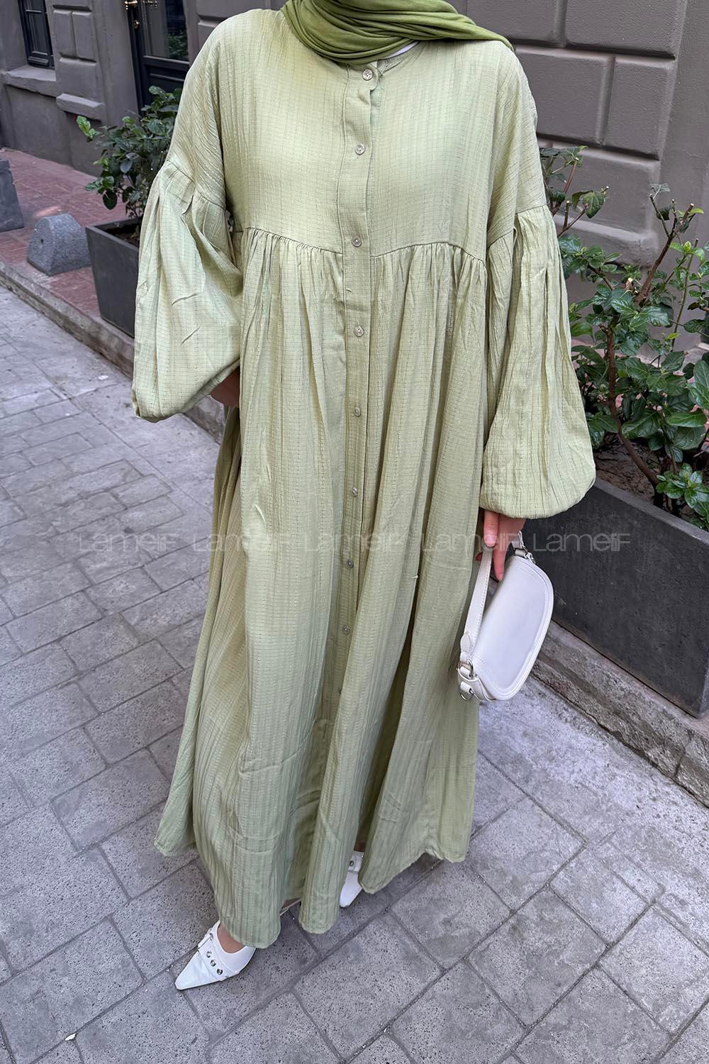 Lamelif Balon Kol Uzun Tesettür Elbise Mint Yeşili