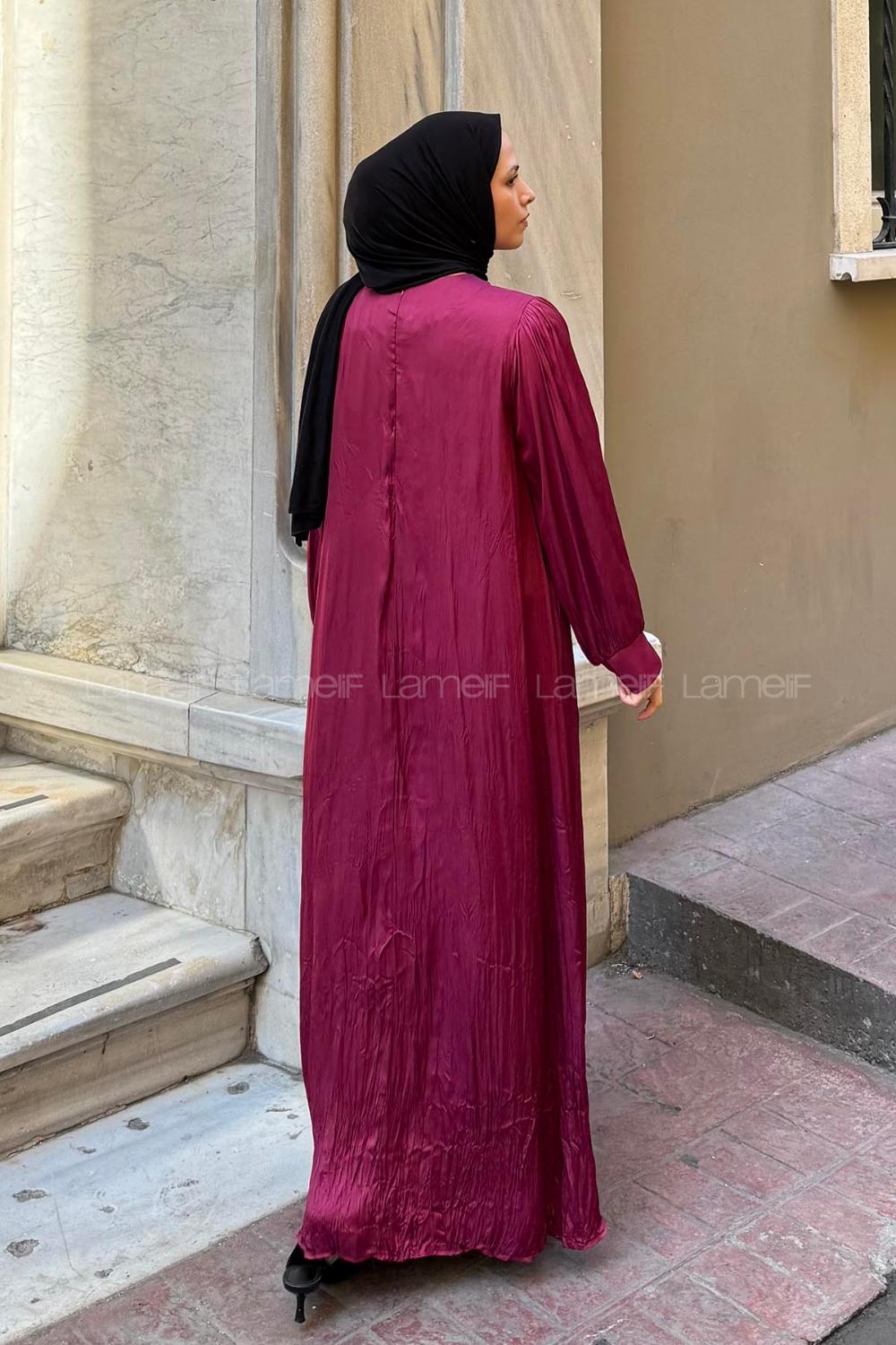 Lamelif Broş Detaylı Tesettür Elbise Bordo