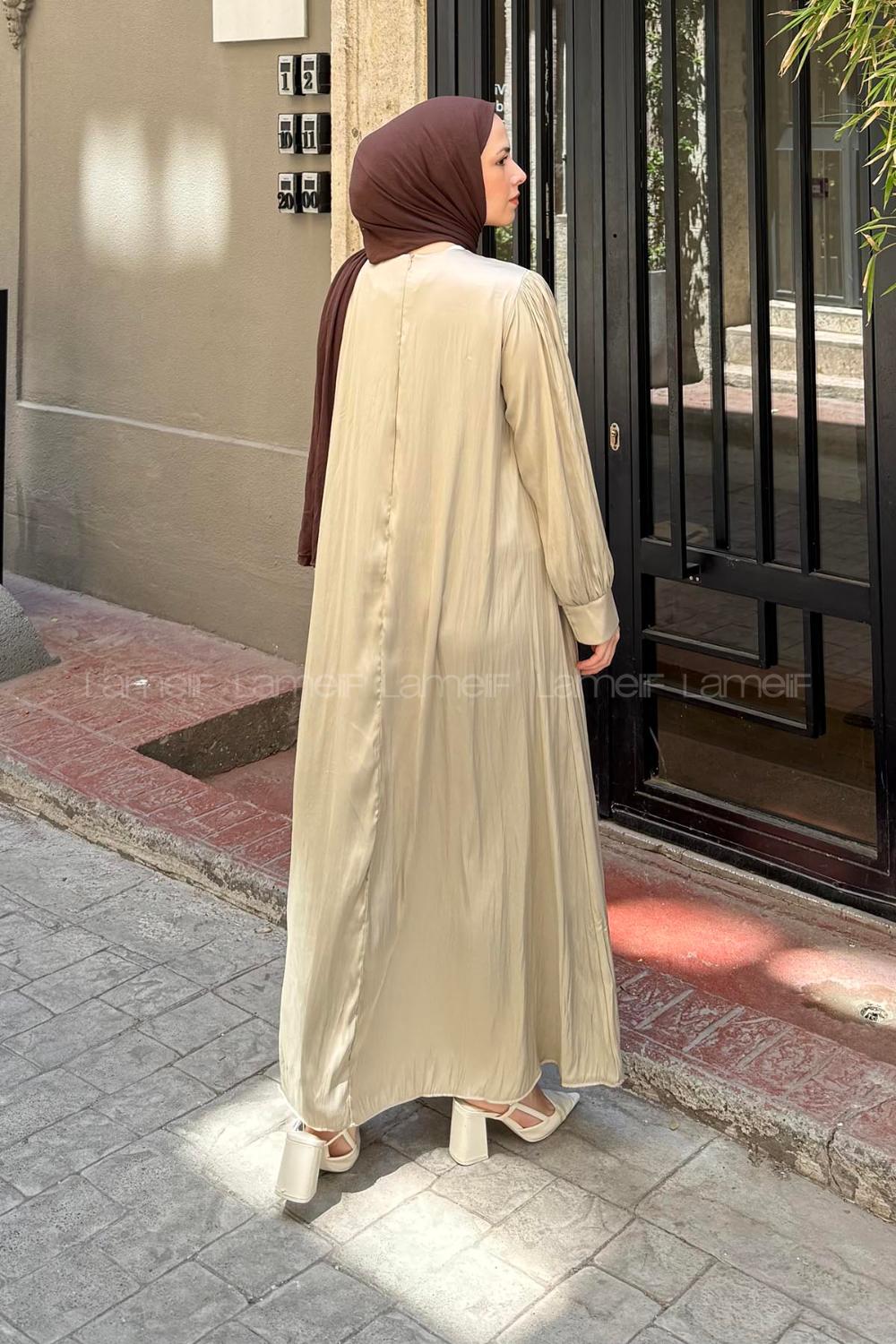 Lamelif Broş Detaylı Tesettür Elbise Vizonrengi