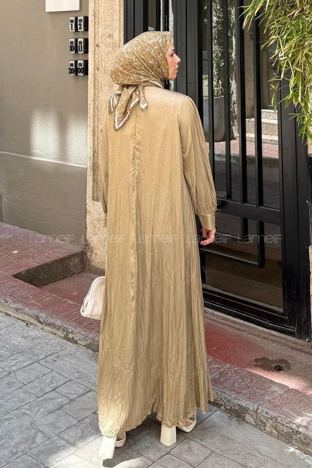 Lamelif Broş Detaylı Tesettür Elbise Yağ Yeşili