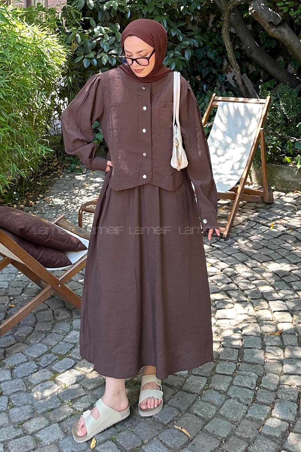 Lamelif Etekli Tesettür Takım Acı Kahve