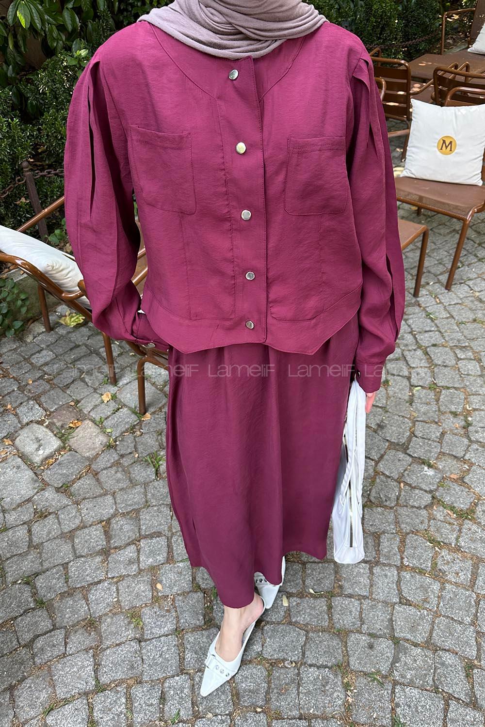 Claret Red Crew Neck Long Arm Polyester Flare Suit