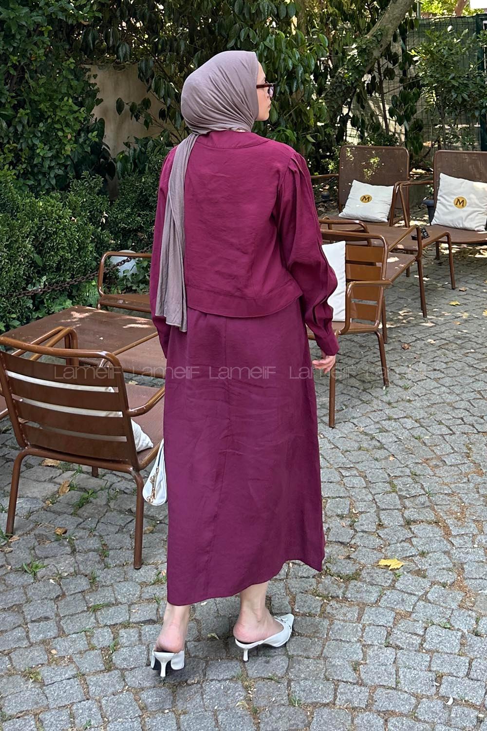 Claret Red Crew Neck Long Arm Polyester Flare Suit