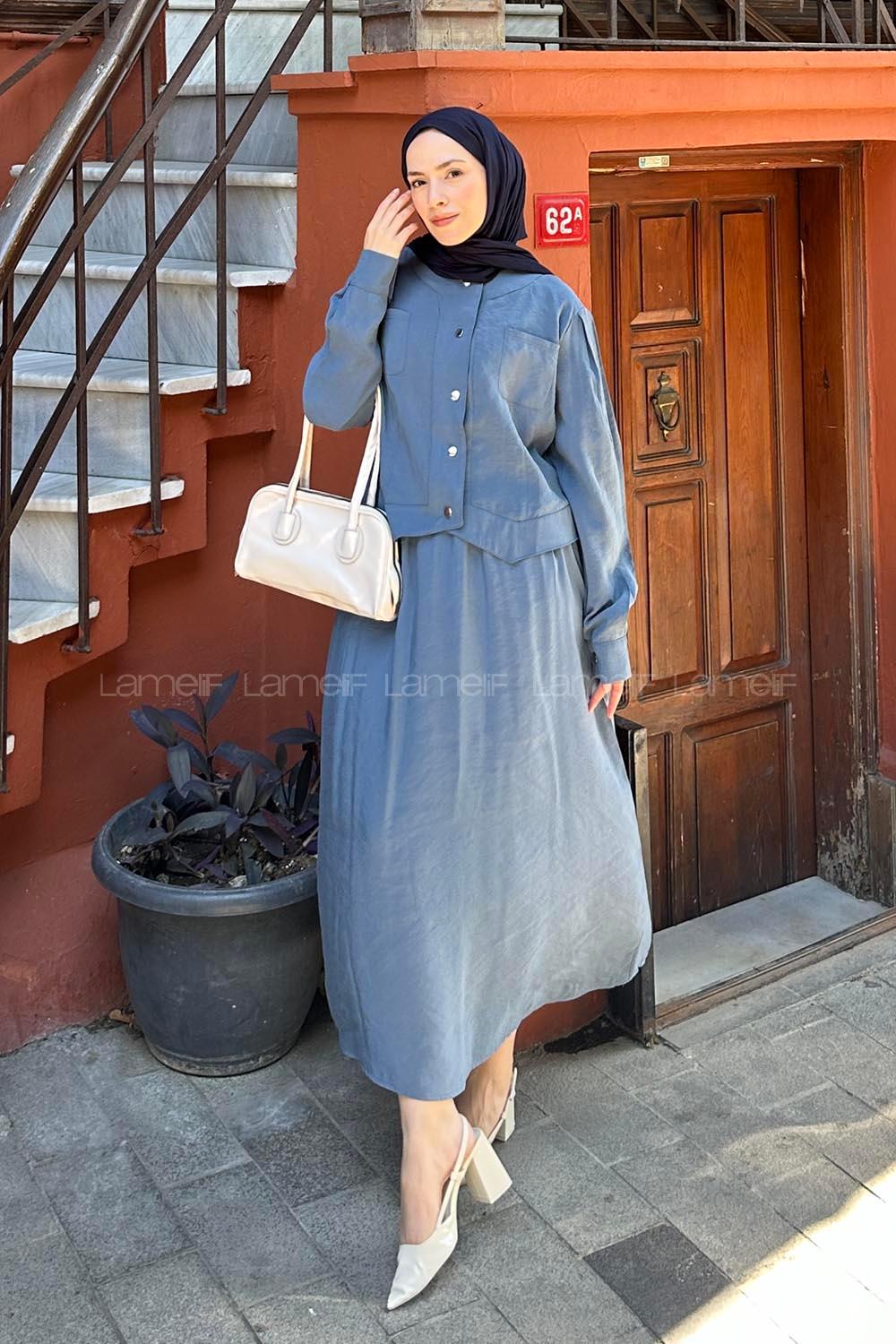 Lamelif Etekli Tesettür Takım İndigo