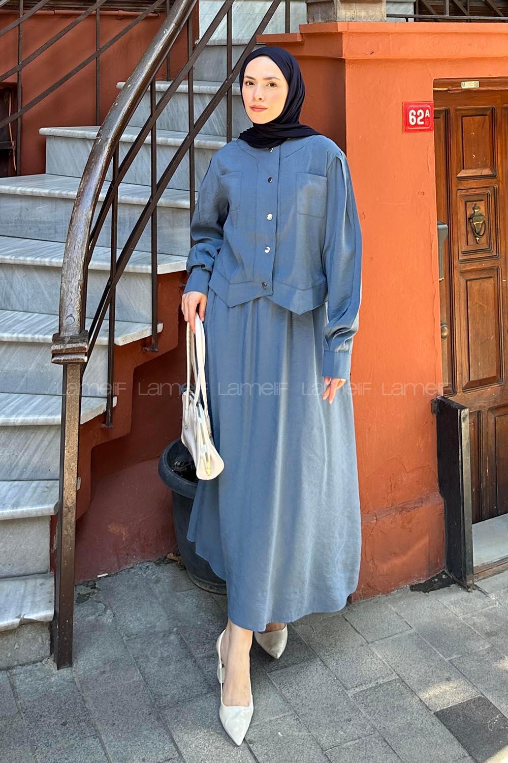 Lamelif Etekli Tesettür Takım İndigo