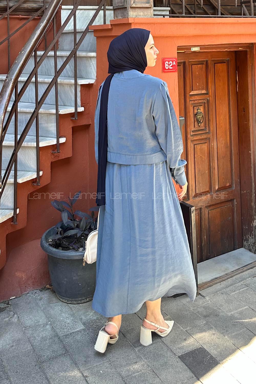 Lamelif Etekli Tesettür Takım İndigo
