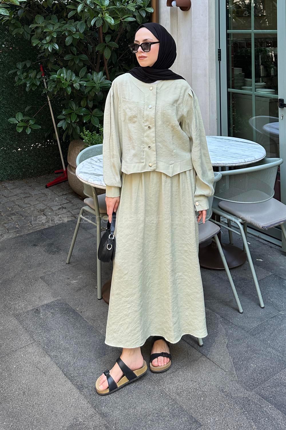 Lamelif Etekli Tesettür Takım Küf Yeşili