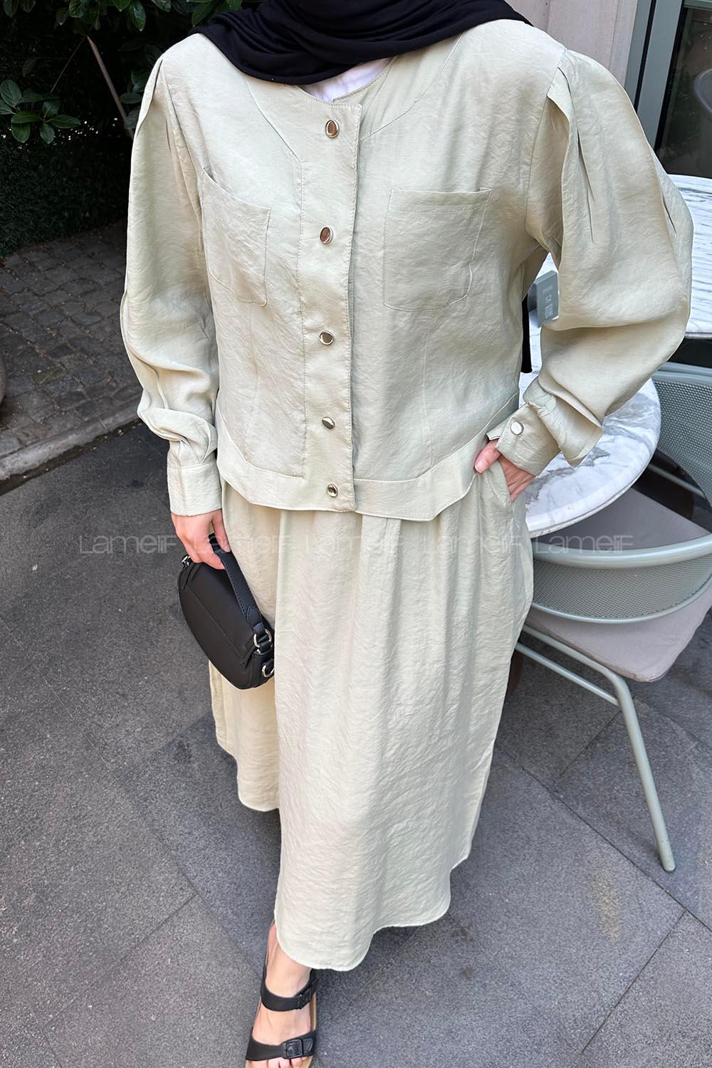 Lamelif Etekli Tesettür Takım Küf Yeşili