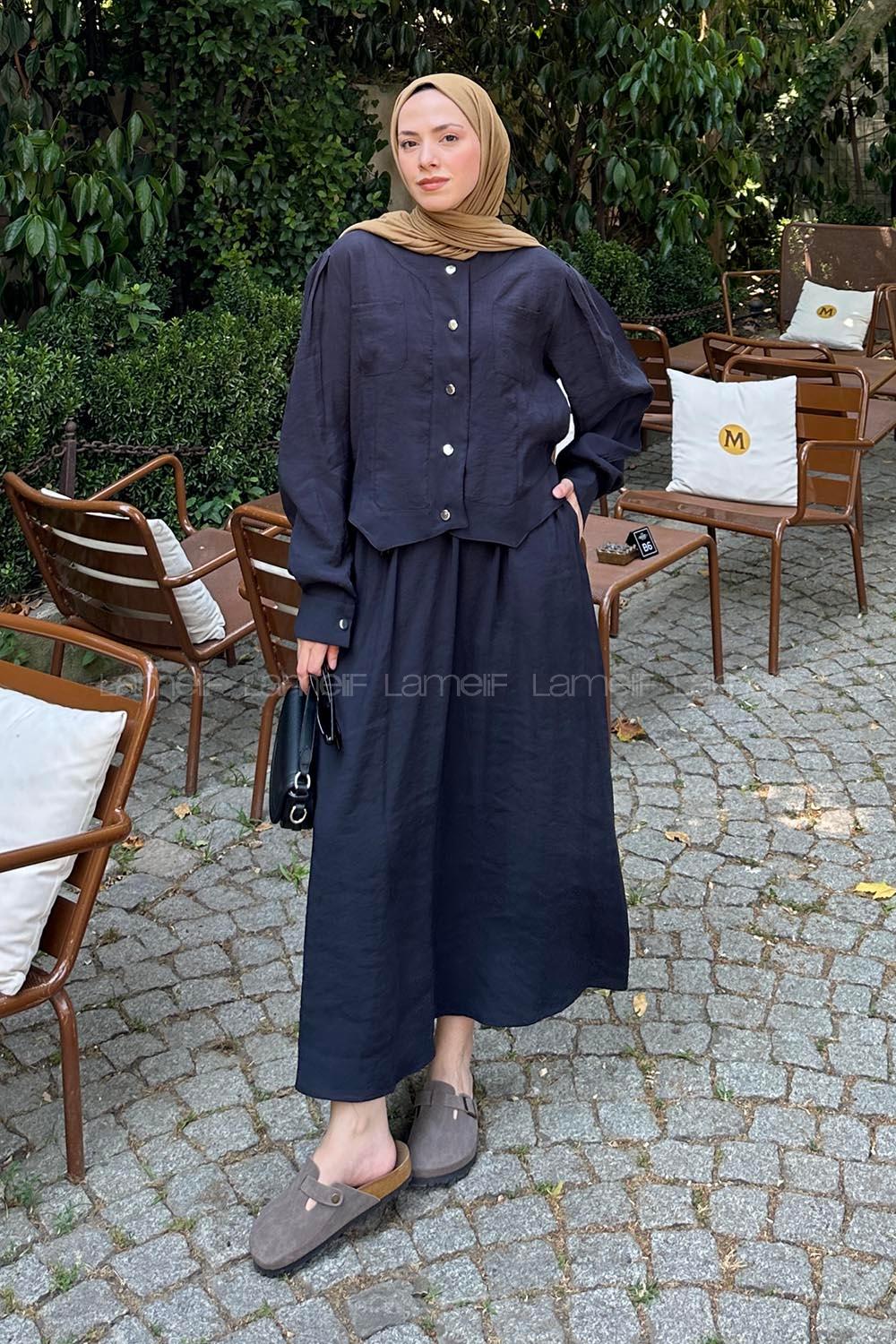 Lamelif Etekli Tesettür Takım Siyah