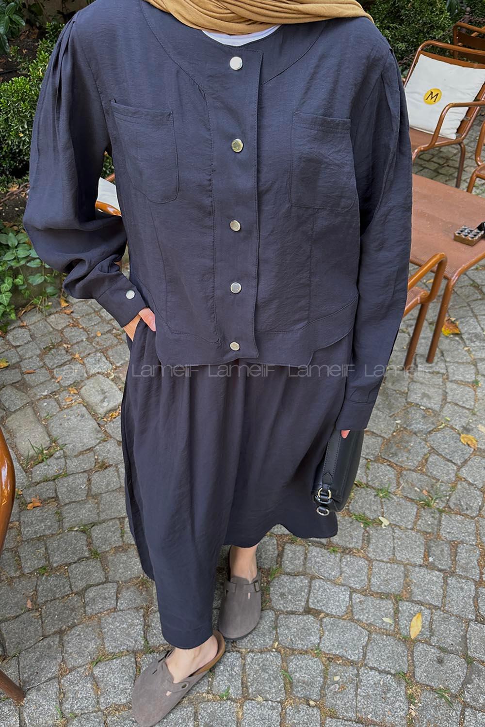 Lamelif Etekli Tesettür Takım Siyah