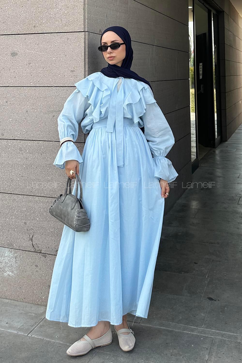 Lamelif Fırfırlı Gömlek-Etek Tesettür Takım Bebe Mavisi