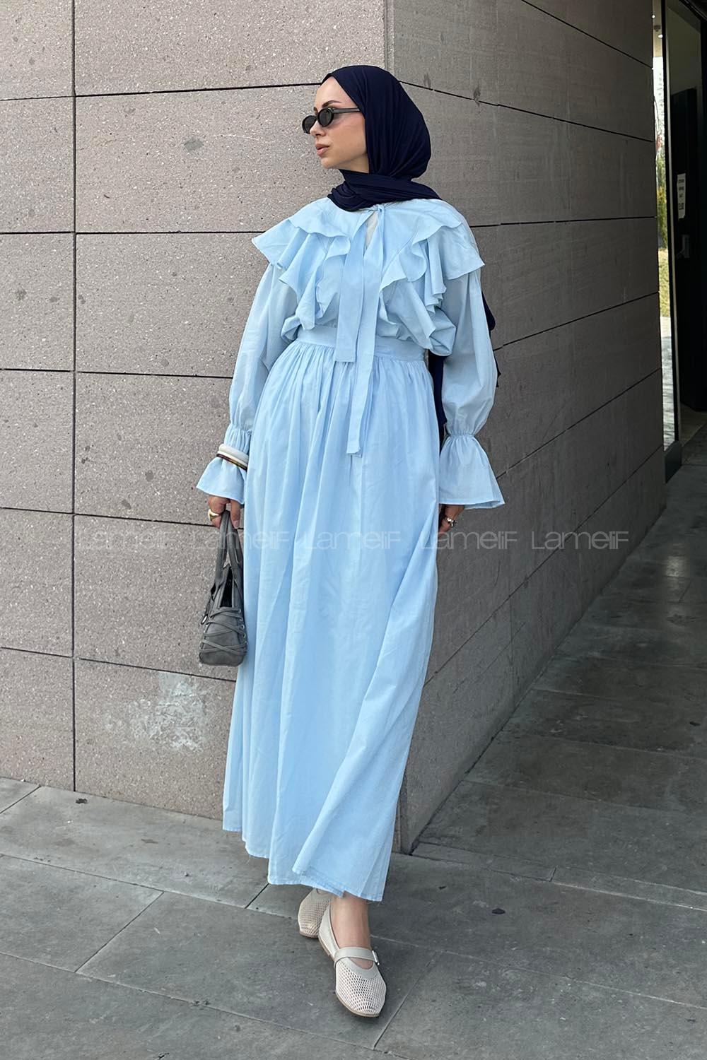 Lamelif Fırfırlı Gömlek-Etek Tesettür Takım Bebe Mavisi