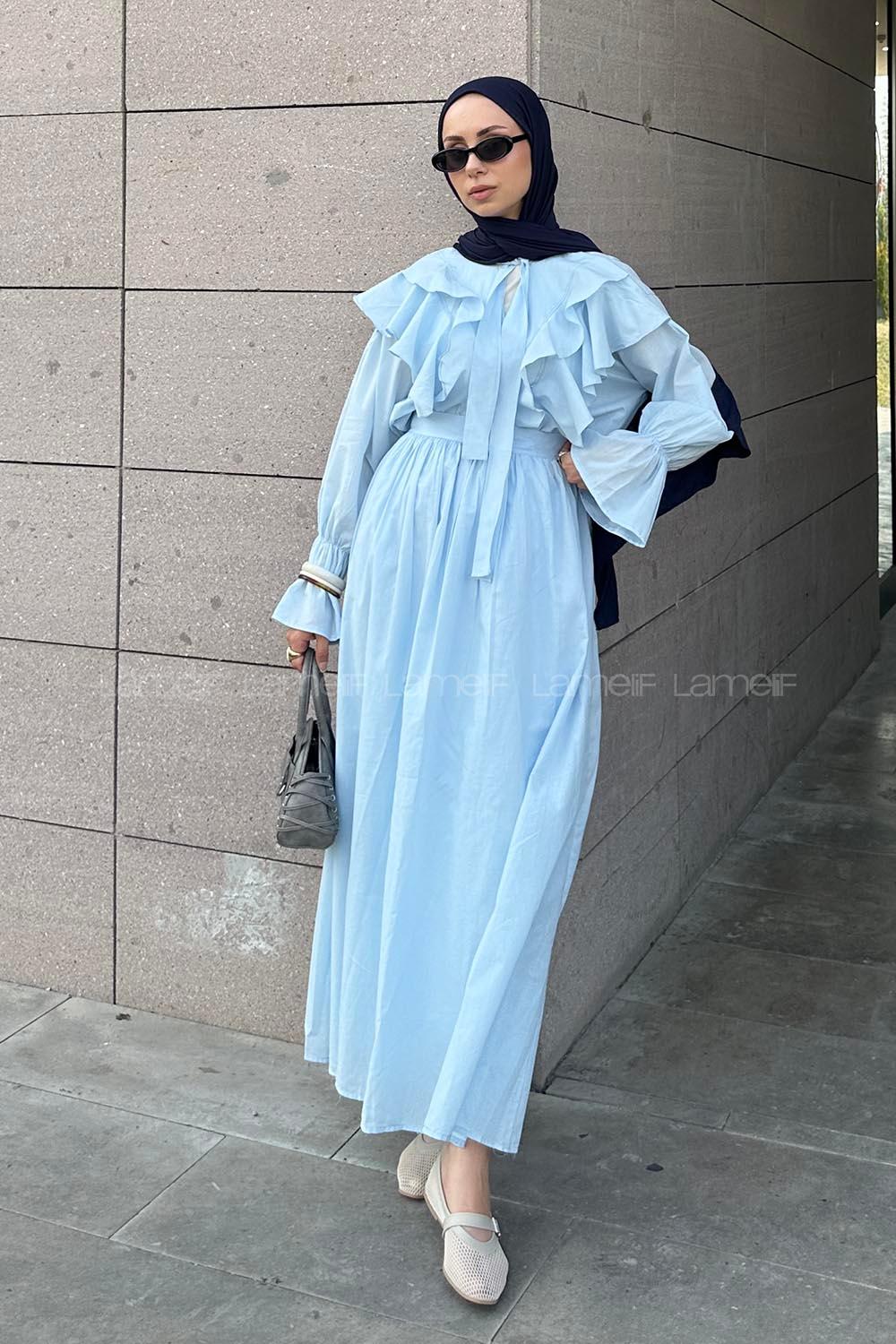 Lamelif Fırfırlı Gömlek-Etek Tesettür Takım Bebe Mavisi