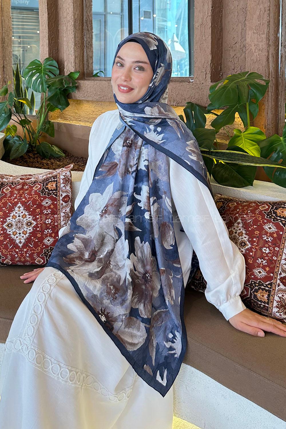 Lamelif Çiçek Desen Bambu Şal Antrasit