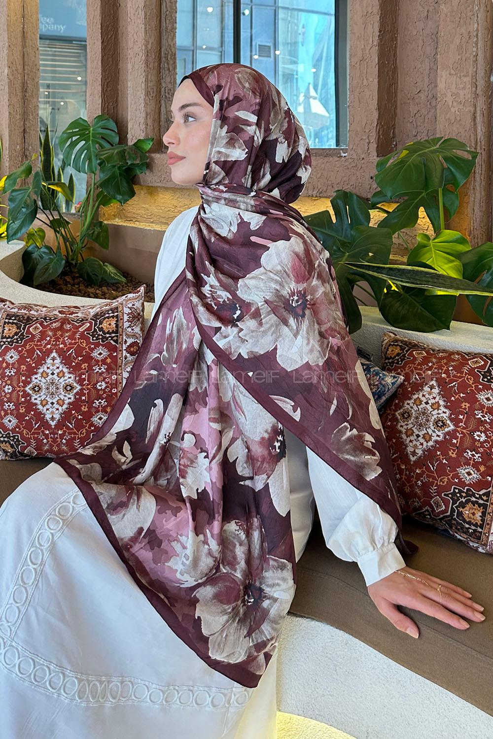 Lamelif Çiçek Desen Bambu Şal Bordo