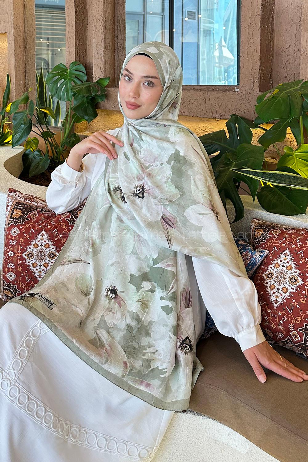 Lamelif Çiçek Desen Bambu Şal Çağla Yeşili