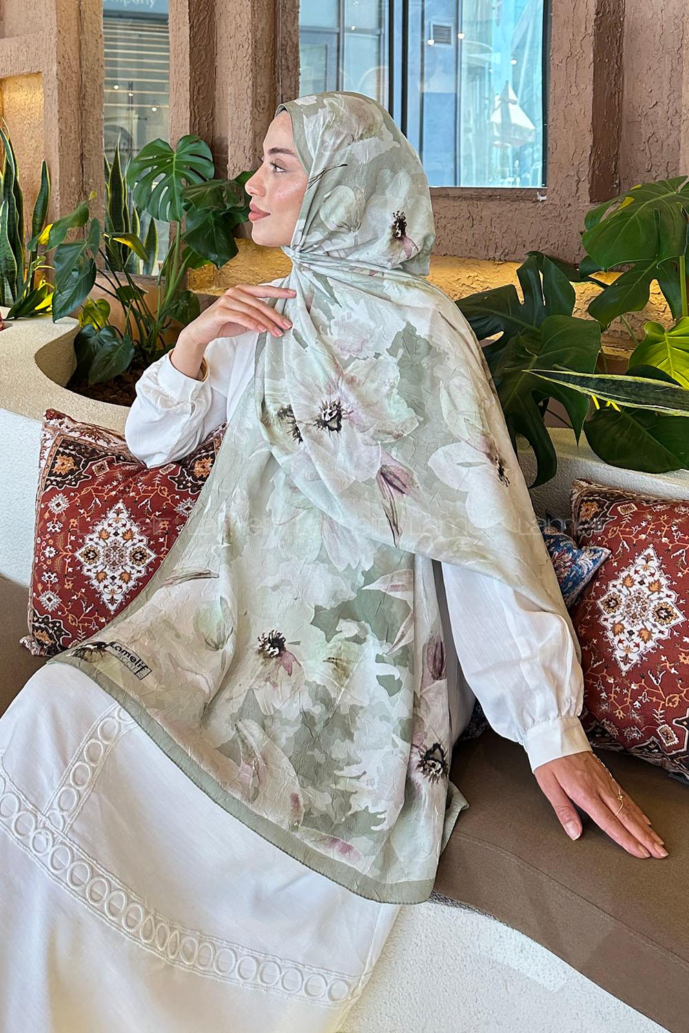 Lamelif Çiçek Desen Bambu Şal Çağla Yeşili