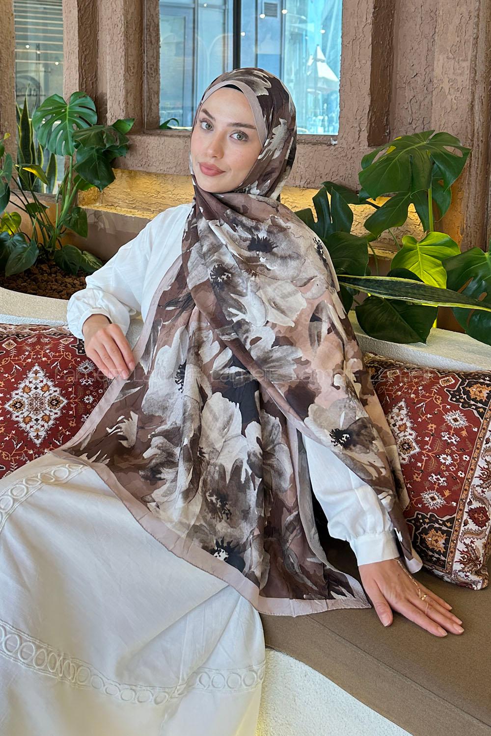 Lamelif Çiçek Desen Bambu Şal Camel