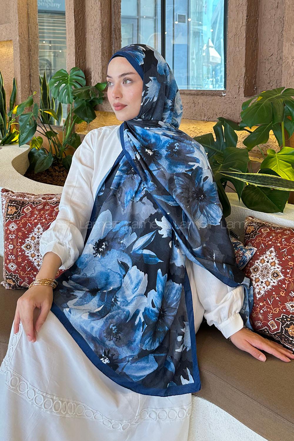 Lamelif Çiçek Desen Bambu Şal Gece Mavisi