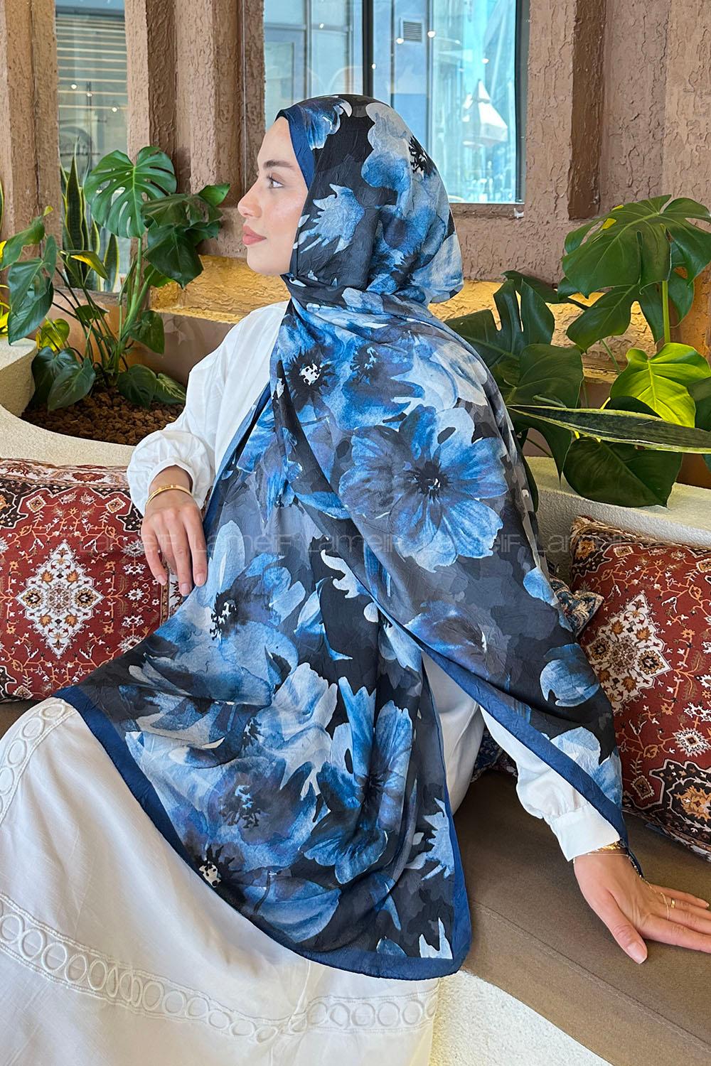 Lamelif Çiçek Desen Bambu Şal Gece Mavisi