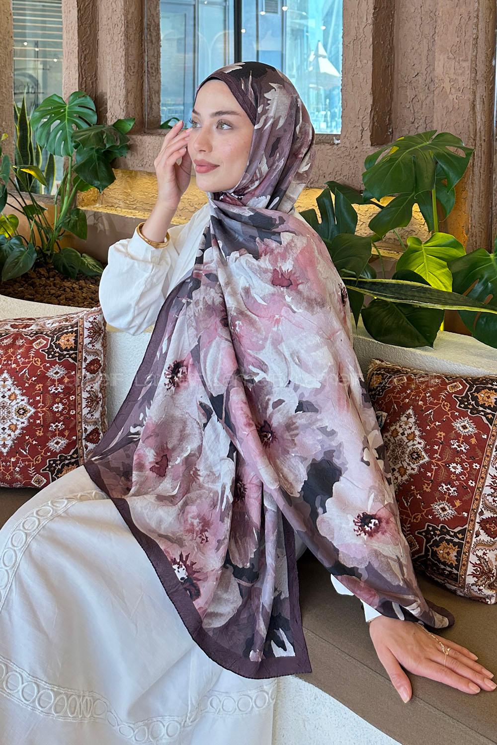 Lamelif Çiçek Desen Bambu Şal Gül Kurusu