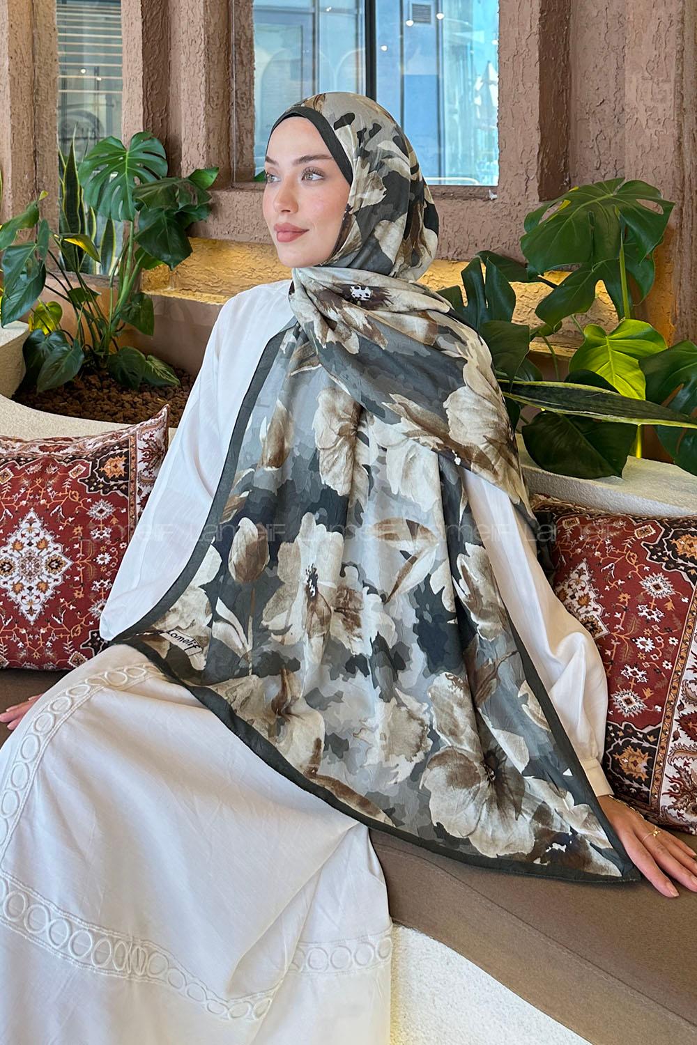 Lamelif Çiçek Desen Bambu Şal Haki