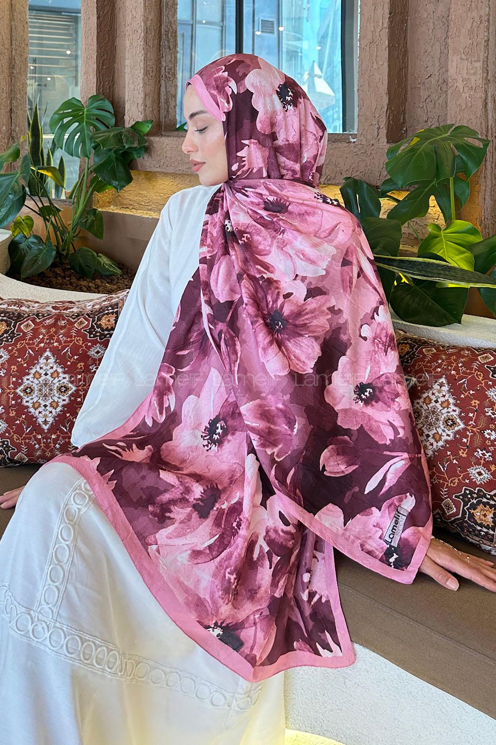 Lamelif Çiçek Desen Bambu Şal Şeker Pembe