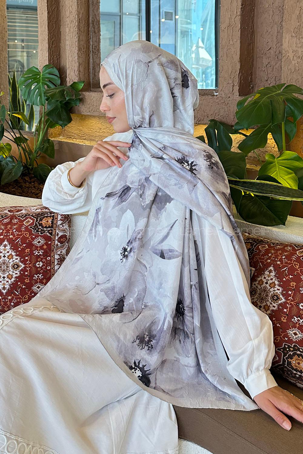 Lamelif Çiçek Desen Bambu Şal Vizon