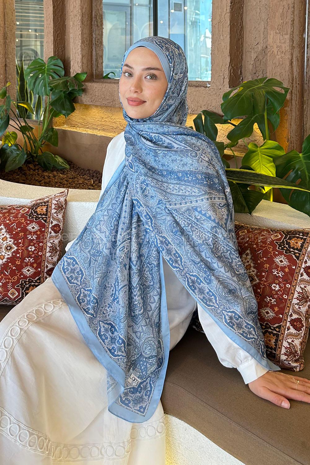 Lamelif Retro Desen Pamuk Şal Bebe Mavisi