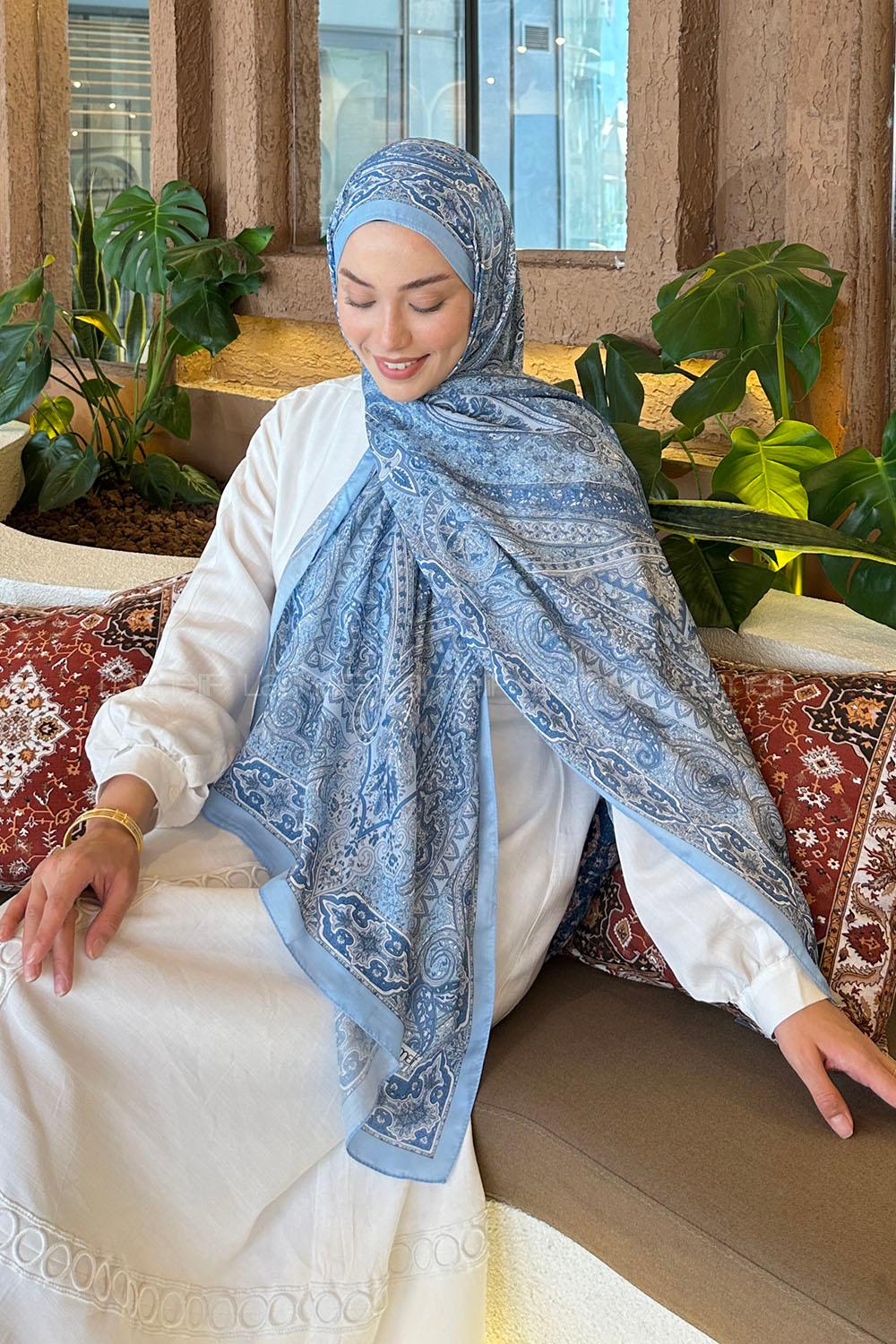 Lamelif Retro Desen Pamuk Şal Bebe Mavisi