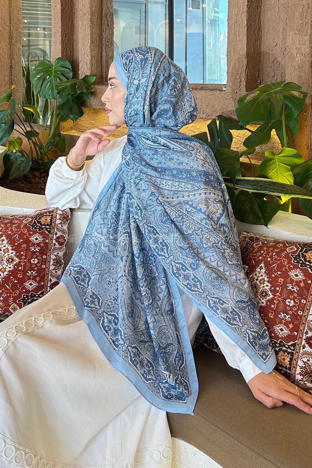 Lamelif Retro Desen Pamuk Şal Bebe Mavisi