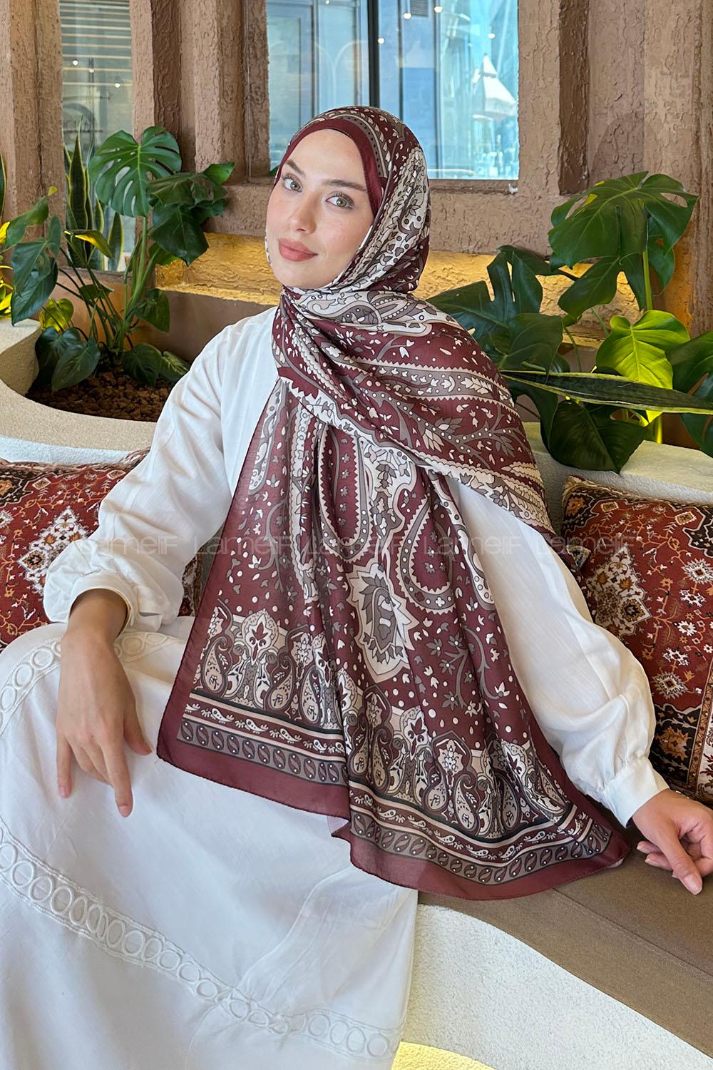 Lamelif Retro Desen Pamuk Şal Bordo